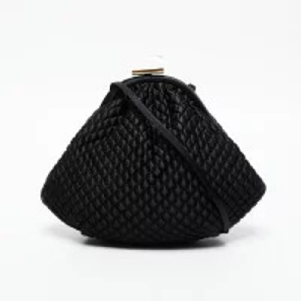 Bottega Veneta satin bag intricate woven triangular silhouette black